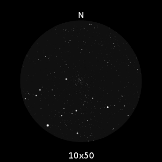 M35 come appare nel campo visivo di un binocolo 10x50. A dire il vero, si vede molto meglio di come è qui rappresentato. Luminosità e stelle, almeno nel mio caso, erano sicuramente maggiori per intensità e numero.