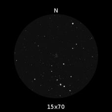 M38 nel campo visivo di un binocolo appena più potente del mio, un 15x70