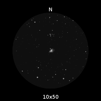 M42 ed M43, per come appaiono nel campo visivo di un binocolo 10x50. Immagine di http://binocularsky.com. In visuale, la nebulosità è verdastra.