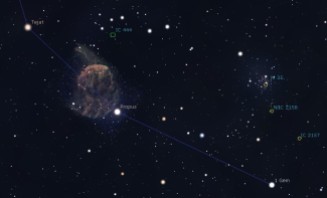 Dettaglio del piede di Castore. M35 è ben visibile appena sopra. Software Stellarium.