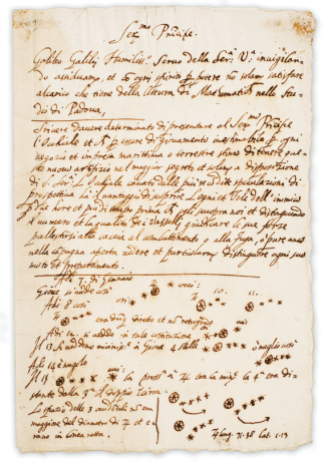 Manuscritto di Galileo Galilei contenente la descrizione delle sue prime osservazioni celesti nel 1610.