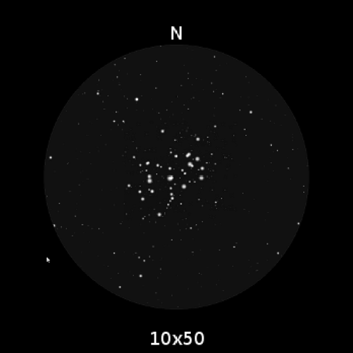 M45, le Pleiadi, , per come appare ad un binocolo 10x50.