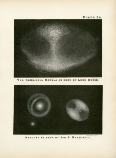 In alto, uno schizzo di Lor Rosse di M27. In basso, a destra, lo stesso oggetto rappresentato da John Herschel (a sinistra, M51)