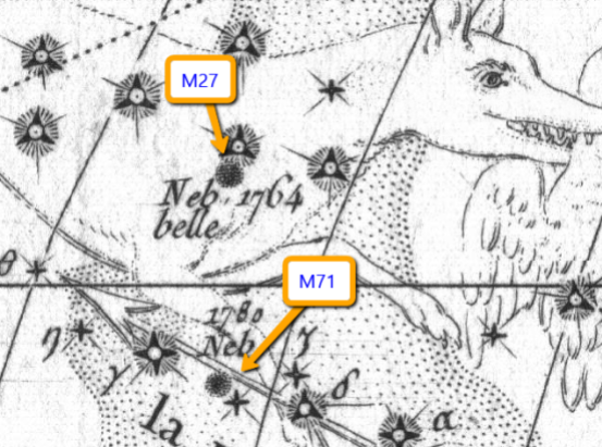 Posizione di M27 (ed M71) nella Volpetta nella Carta della Cometa del 1779